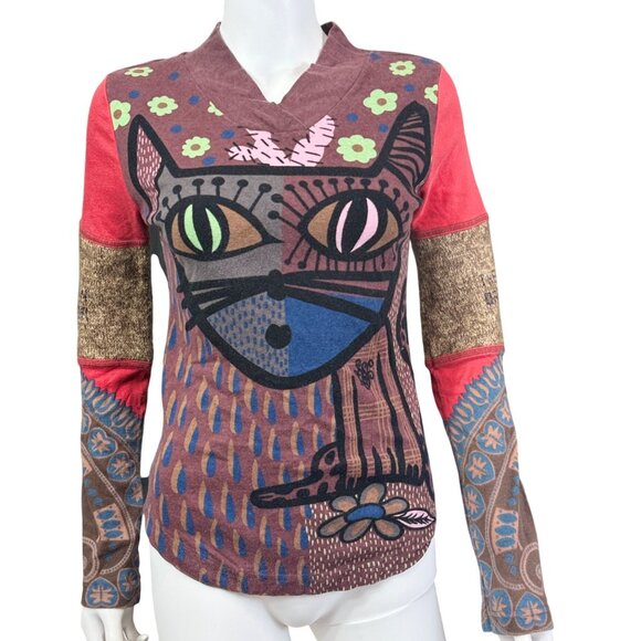 Custo Barcelona Womens Graphic Cat Print V-Neck Knit Top M Long Sleeve - Picture 1 of 7